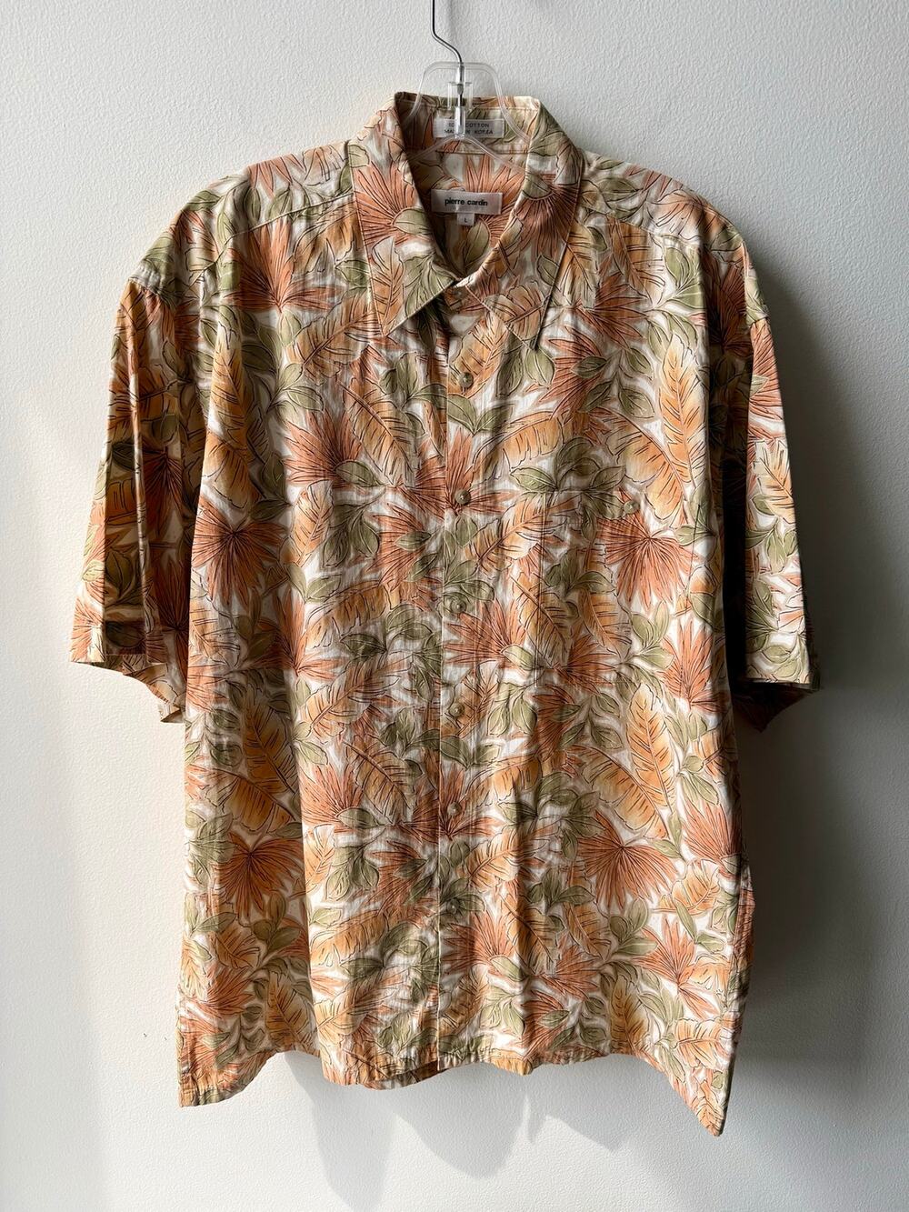 Vintage 80s Pierre Cardin Tropical Shirt Vibrant Orange Floral Feathers Men's M
